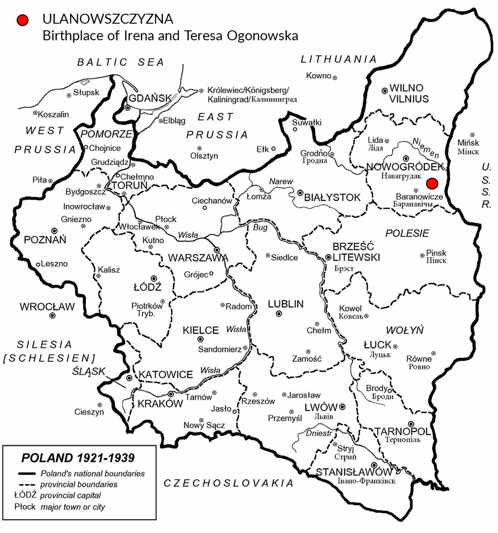 Map showing the birthplace of Irena and Teresa Ogonowska (Ulanowszczyzna, Poland)